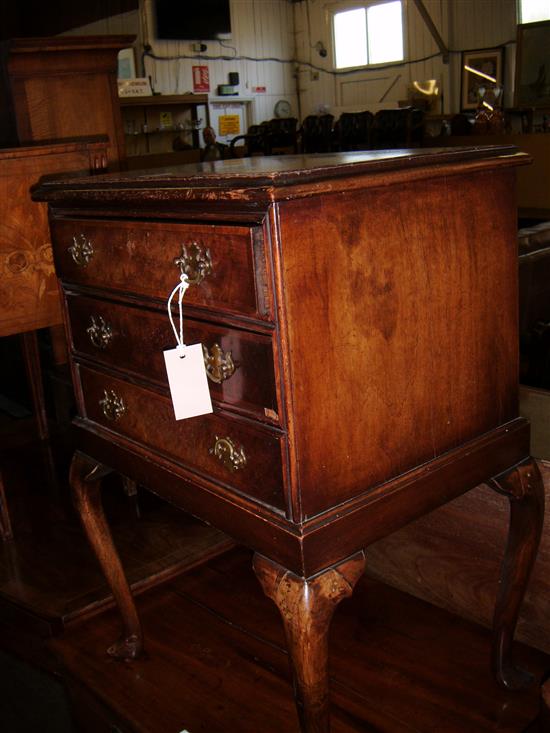 Small walnut chest, fitted three long drawers, on cabriole legs